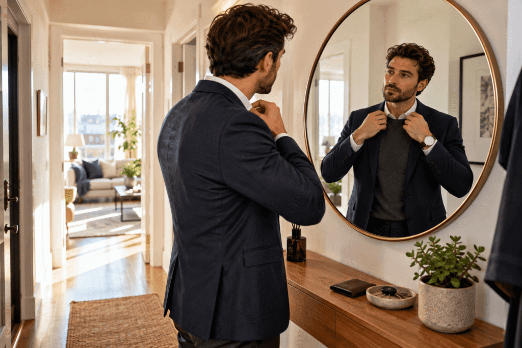 Man finishing his morning grooming routine before work